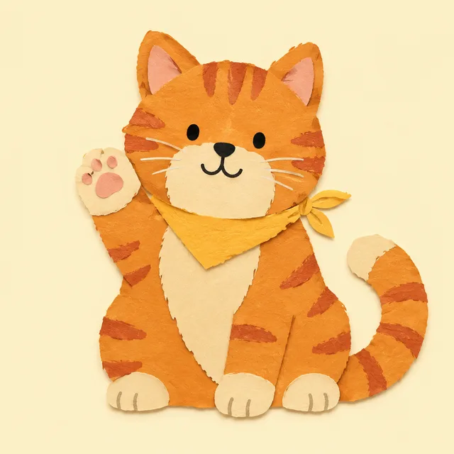 Softpaw in chunky cut-paper: orange tabby with a yellow bandana, waving
