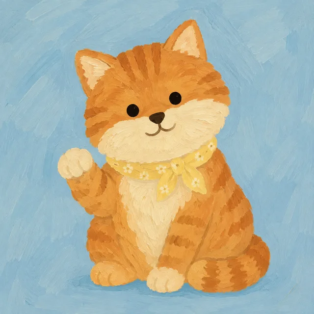 Softpaw in brushed folk: orange tabby with a daisy bandana, waving