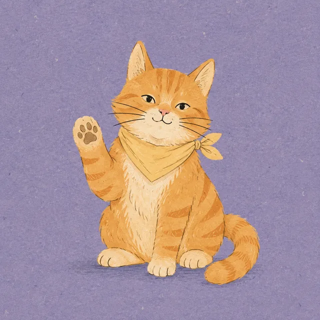 Softpaw in lavender storybook: orange tabby waving on a purple paper field